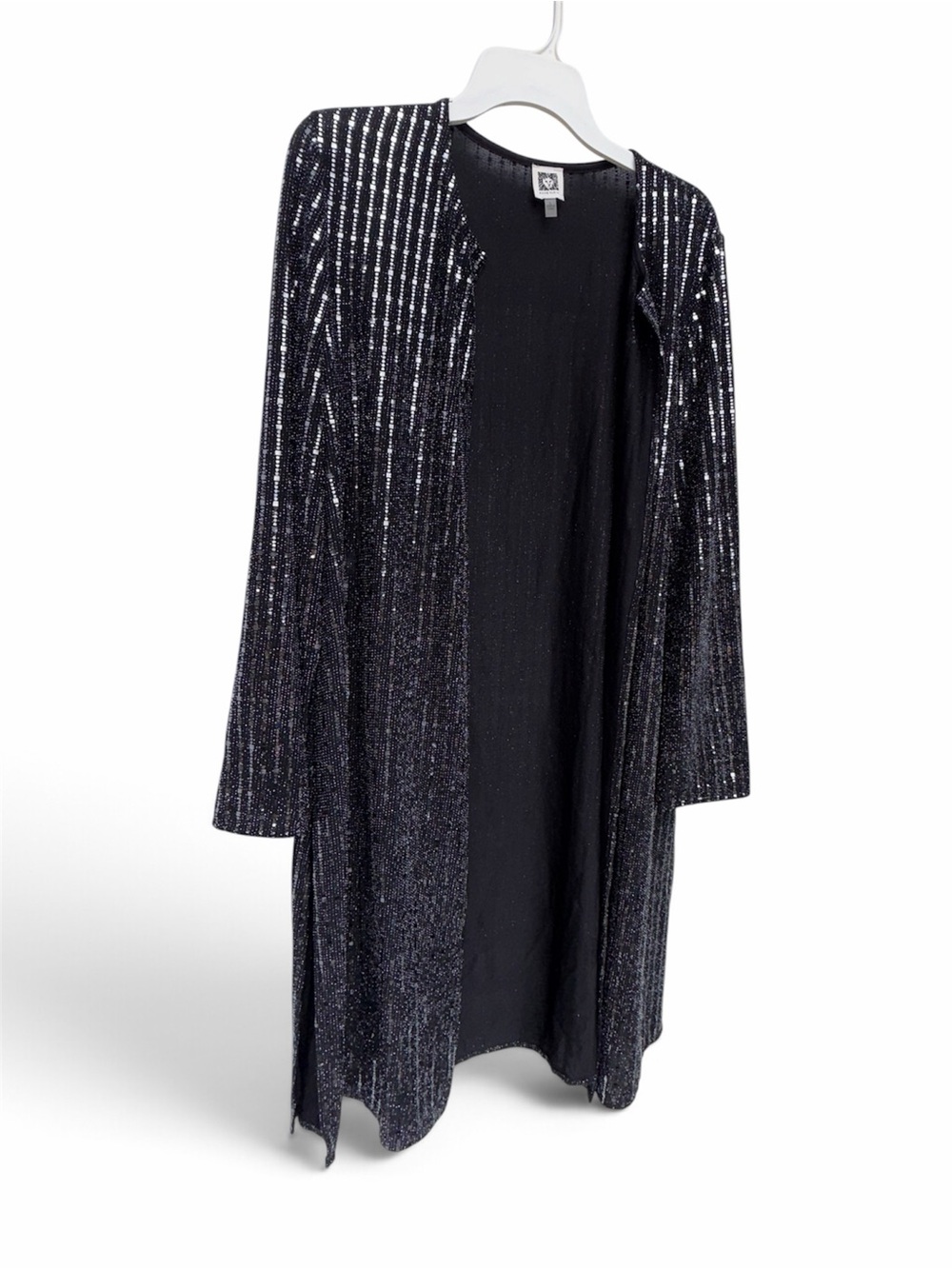 Anne Klein Linear Sequin Duster Cardigan Jacket Black Silver Long Sleeve